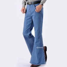 Retro 60s 70s Men Bell Bottom Denim Jeans Pants Slim Fit Flared Flares Trousers