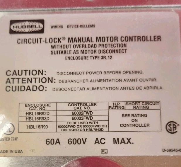 (Nuevo en caja) Interruptor de desconexión Hubbell HBL16R93D 60A 3 polos Nema 3R gabinete  Foto 2 de 3