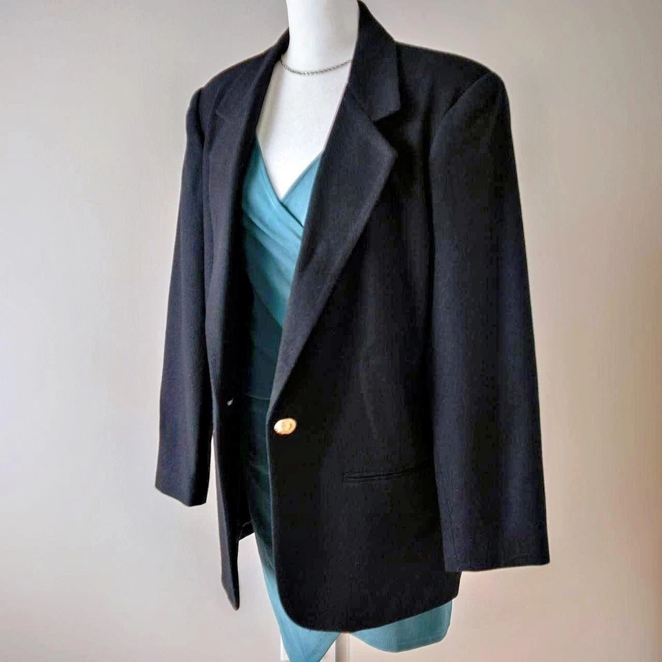 Vintage Savannah Black Pure Wool Gold Single Button Classic Blazer Jacket Office - Image 3 of 4