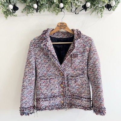Zara Woman Mulit-colored Weave Frayed Tweed Jacket with Gold Buttons Size M D 47