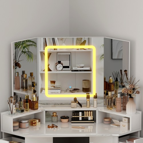 High Gloss Corner Dressing Table LED Lights 3 Mirrors Drawer Makeup Desk w/Stool - Picture 5 of 12