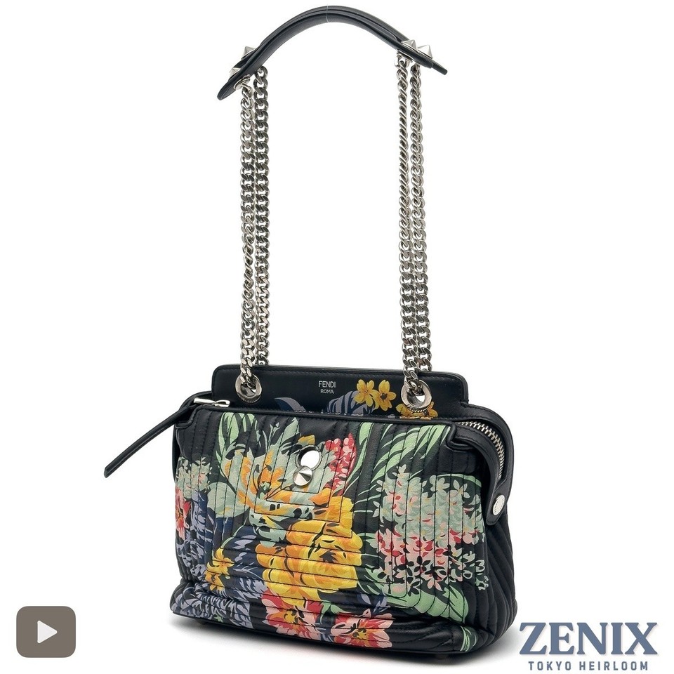FENDI Black Leather Quilted Floral Small DotCom Click Crossbody Shoulder Bag