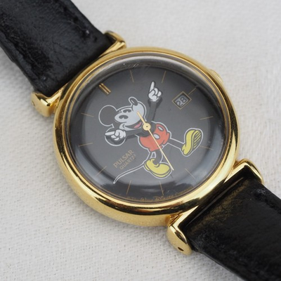 #ad Vintage Disney Pulsar Mickey Mouse 26mm Watch Date Black Dial V827 0090 Works $34.95