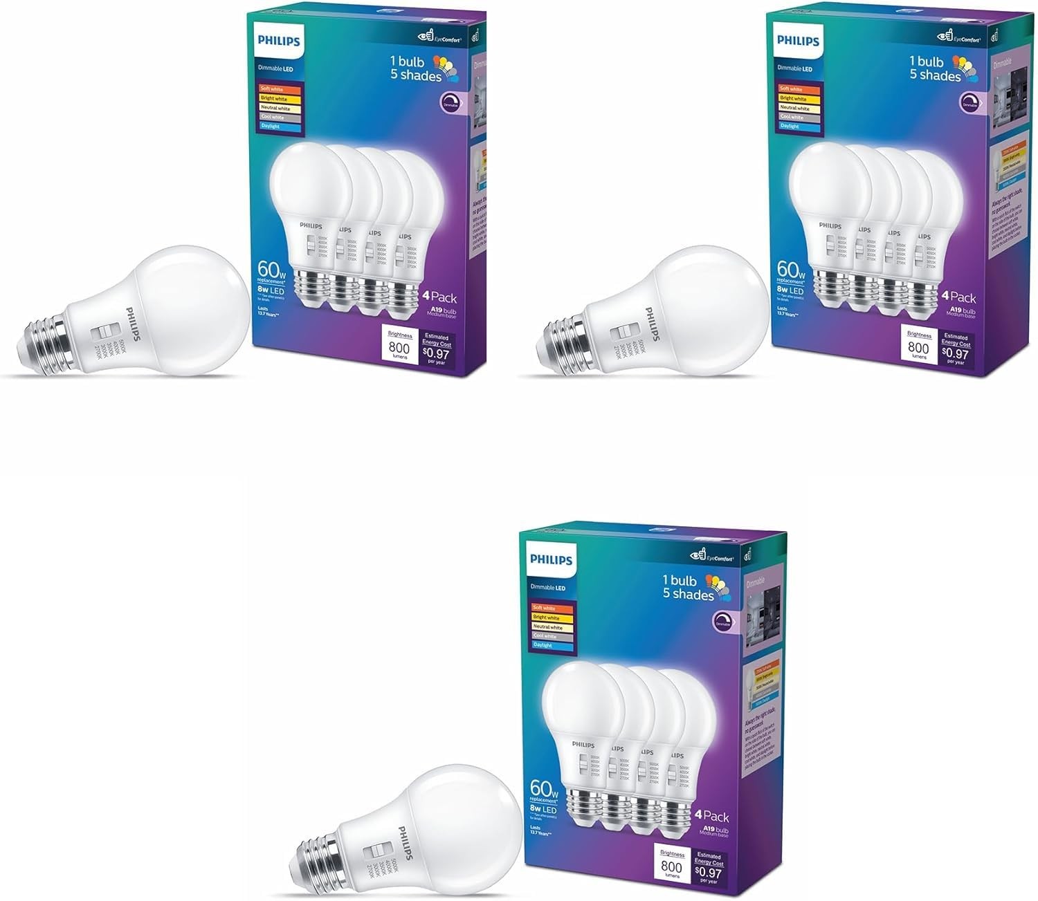 60w Equivalent 800 Lumen Dimmable Frosted Philips 12-pack White