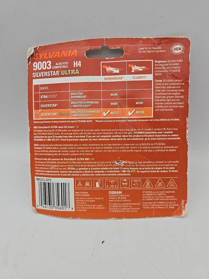 Faro halógeno SYLVANIA 9003 SilverStar ultra alto rendimiento 2 bombillas SELLADO Foto 2 de 3