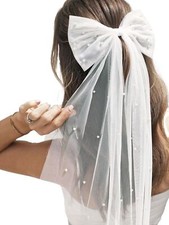 Short Wedding Veil Bridal Bow Veil White Pearl Tulle Hair Clip Bachelorette P...