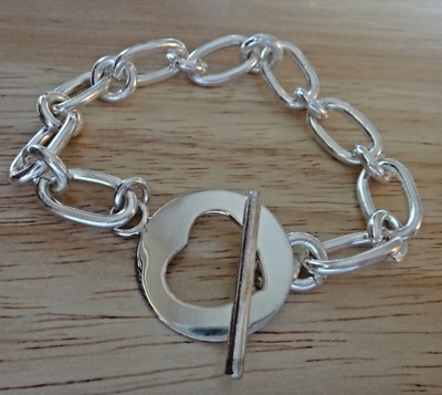 7,5'' Sterlingsilber Hvy 29 Gramm ovale und runde Glieder Herz Knebel Bettelarmband