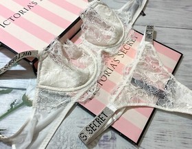 Victoria's Secret Shine Strap Wicked Bra Garter Thong Set Very Sexy Lace White