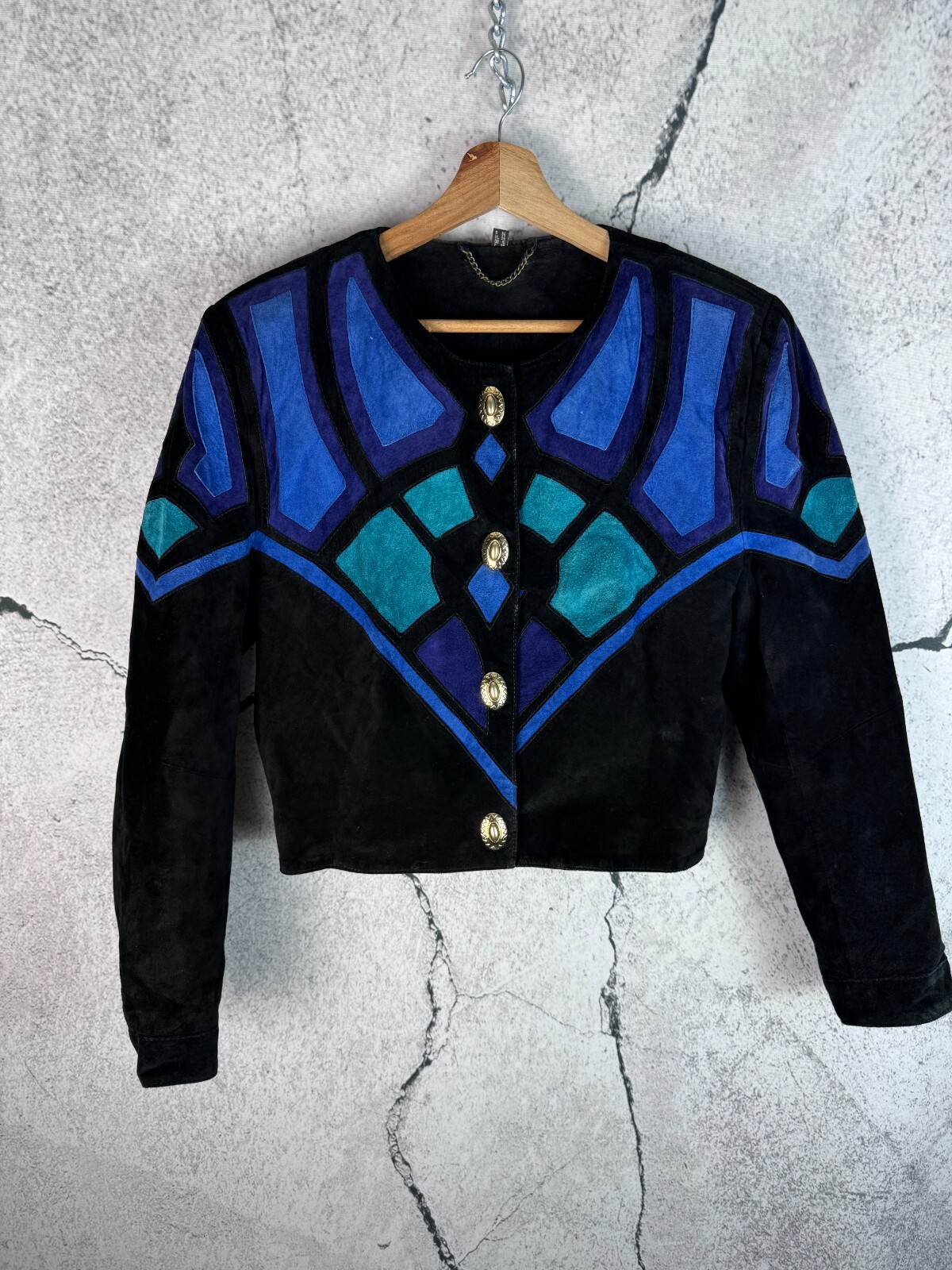 VTG Genuine LEATHER  Patchwork Look Button Up Bla… - image 1