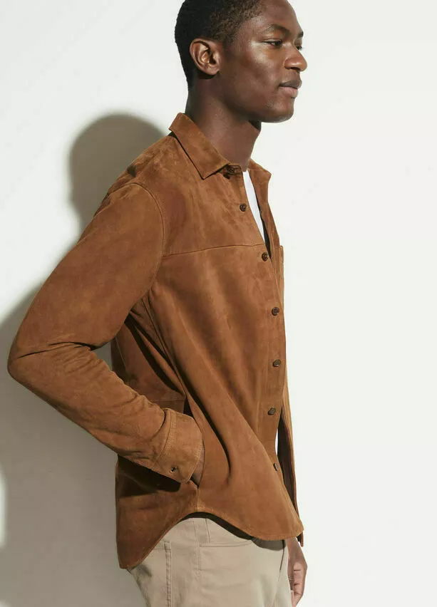 Homme Daim Marron Chemise 100% Véritable Peau D'Agneau Souple Rétro Stylé Usure - Photo 3/4