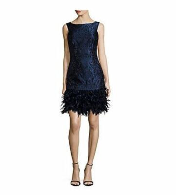 David Meister Kleid einfarbig ärmellos Federbesatz marine UK 16 LN190 TT 10