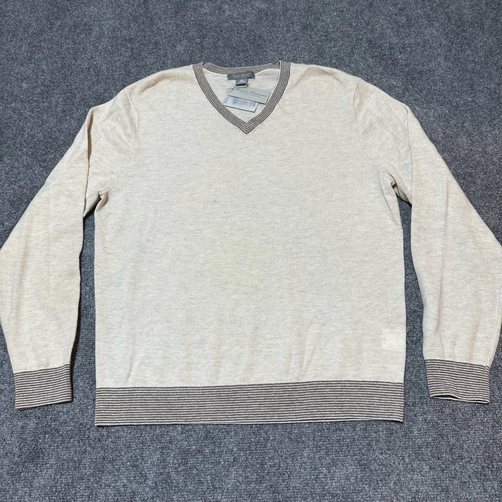NEW Daniel Cremieux Sweater Mens Large Beige Wool Knit Thin Pullover V-Neck