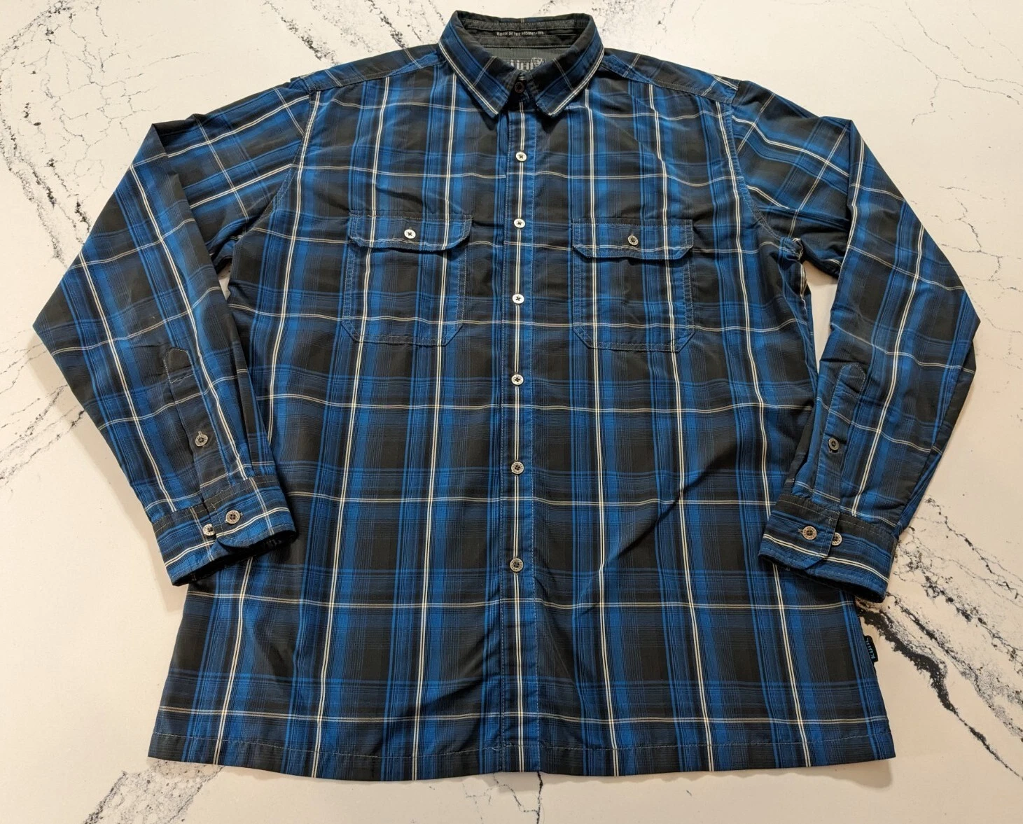 Kuhl Blue Plaid Button Down Long Sleeve Outdoor Tech Shirt Large Hiking Camping