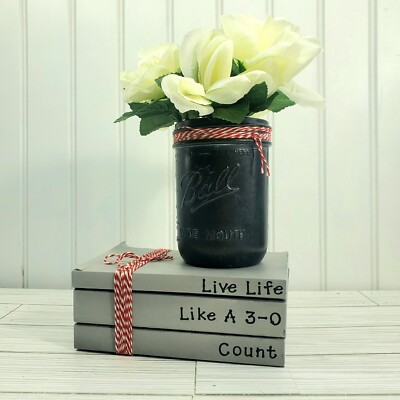 Farmhouse Rustic Decor Gray Stacked Books & Black Painted Mason Jar Baseball 