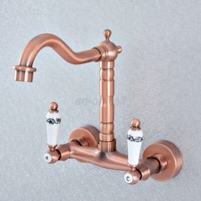 Antique Red Copper Swivel Spout Bathroom Basin Sink Faucet Mixer Tap Wall Mount