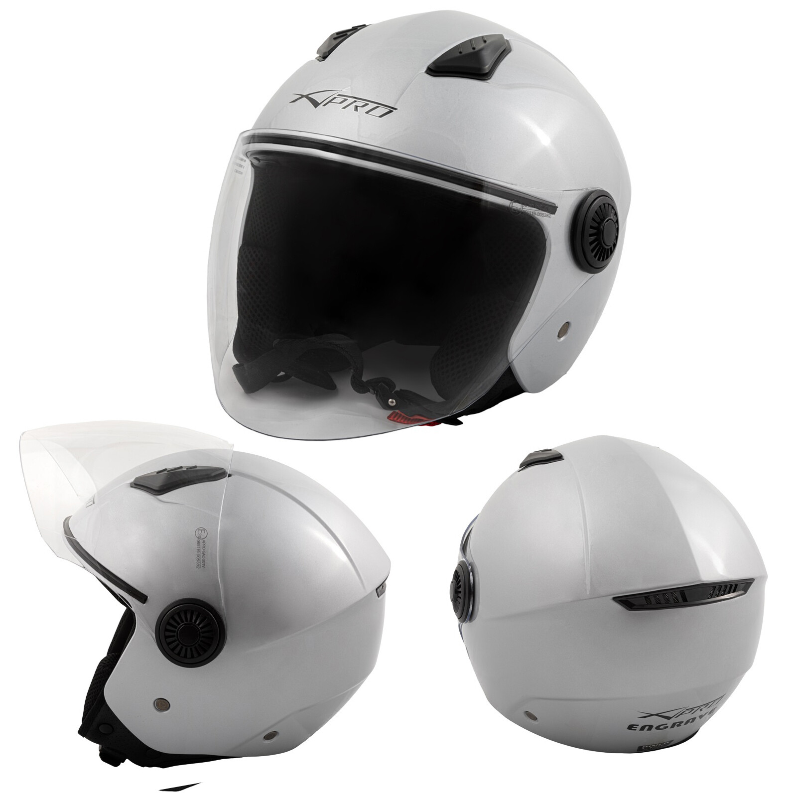 Open Face Jet Helmet Lid Motorbike Scooter Quad Long Visor Silver S