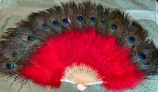 Vintage Feathered Hand Fan Peacock Feathers - Red Feathers - Hong Kong