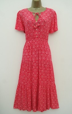 PFAUEN ROSA BEDRUCKT MIDI TEE ETAGE SONNENKLEID GRÖSSE 16 TASCHEN SCHLÜSSELLOCHAUSSCHNITT