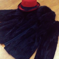 Saga Mink Coat Dark Black Blue Fox Trim Size 16 Shoulder 42cm/16.5in Hook