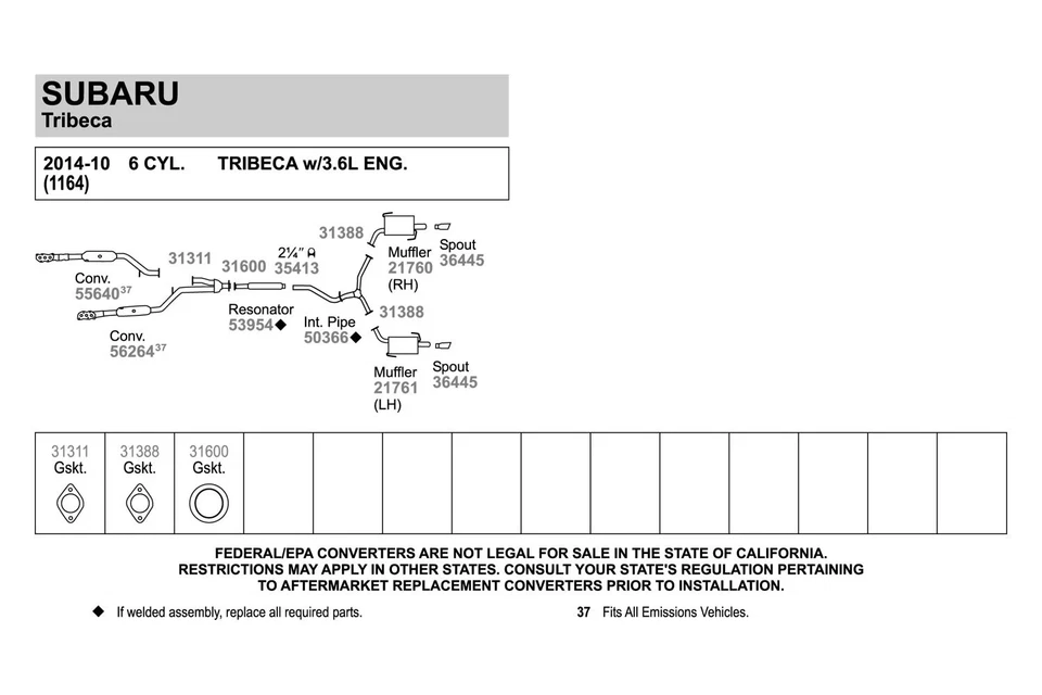 For Subaru Tribeca 08-14 Walker 50366 Aluminized Steel Exhaust Intermediate Pipe - Image 3 of 3