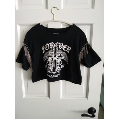 Women's SZ med black crop top, Cross graphic art rhinestone Fringe, Goth Vamp