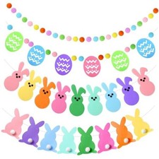 4 Pack Easter Garlands 32.8 Feet Felt Bunny Eggs Pom Pom Garland Multi Color