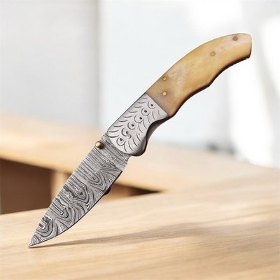 USA Best Handmade Damascus Steel Folding Blade Knive Pocket Knife Camel Bone