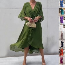 Batwing Sleeve V-neck Dress Summer Pure Color Tied Irregular Long Dresses Womens