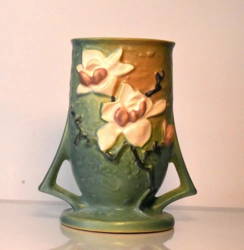 1940s Roseville Pottery Green Art Deco Magnolia Vase Double Handle 87-6 EXC!