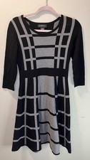 Liz Claiborne Black Gray Windowpane Fit & Flare Knit Dress Small
