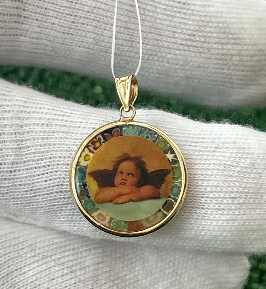 Colgante de ángel floral de cristal de Murano con marco de oro amarillo macizo de 14K con signo de colección G2U Foto 2 de 4