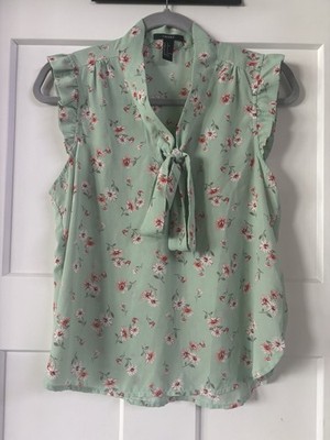 Ruffle Cap Sleeve Floral Top Sz S Women Bow Tie