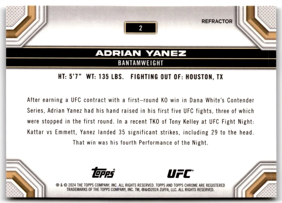 2024 Topps Chrome UFC Refractor Adrian Yanez #2 - Image 2 of 2