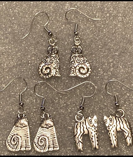 Laurel Burch Silver Tone Set Of 3 Striped Swirl Shambala Cat Kitten Earrings - Picture 1 of 5