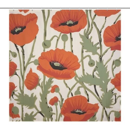Poppy Flower Waterproof Shower Curtain Rustic Floral Bathroom Botanical Decor - Picture 1 of 17