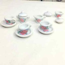 Miniature White Floral Ceramic 12pc Dollhouse Cup And Saucer Incomplete Tea Set