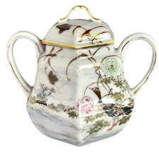 Antique Japanese Sugar Bowl - Hand Painted Duck/Landscape/Floral Gilt 20thC
