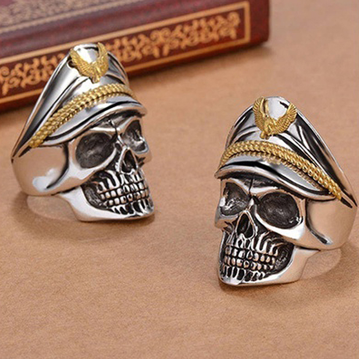 Men's Gothic World War Military Cap Skull Heads Ring Biker