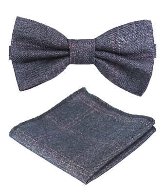 Mens Boys Matching Check Tweed Dickie Bow Tie & Pocket Square Set in Grey