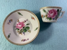 Meissen Marcolini Handpainted Dresden Porcelain Floral & Gold Demitasse & Saucer