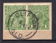 Queensland nice CLIFTON 1936 CDS on KGV 1d green pair on piece