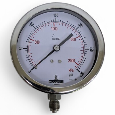 Indumart Stainless Steel Pressure Gauge AISI 316L | 0-300 psi | 0-2000 kPa
