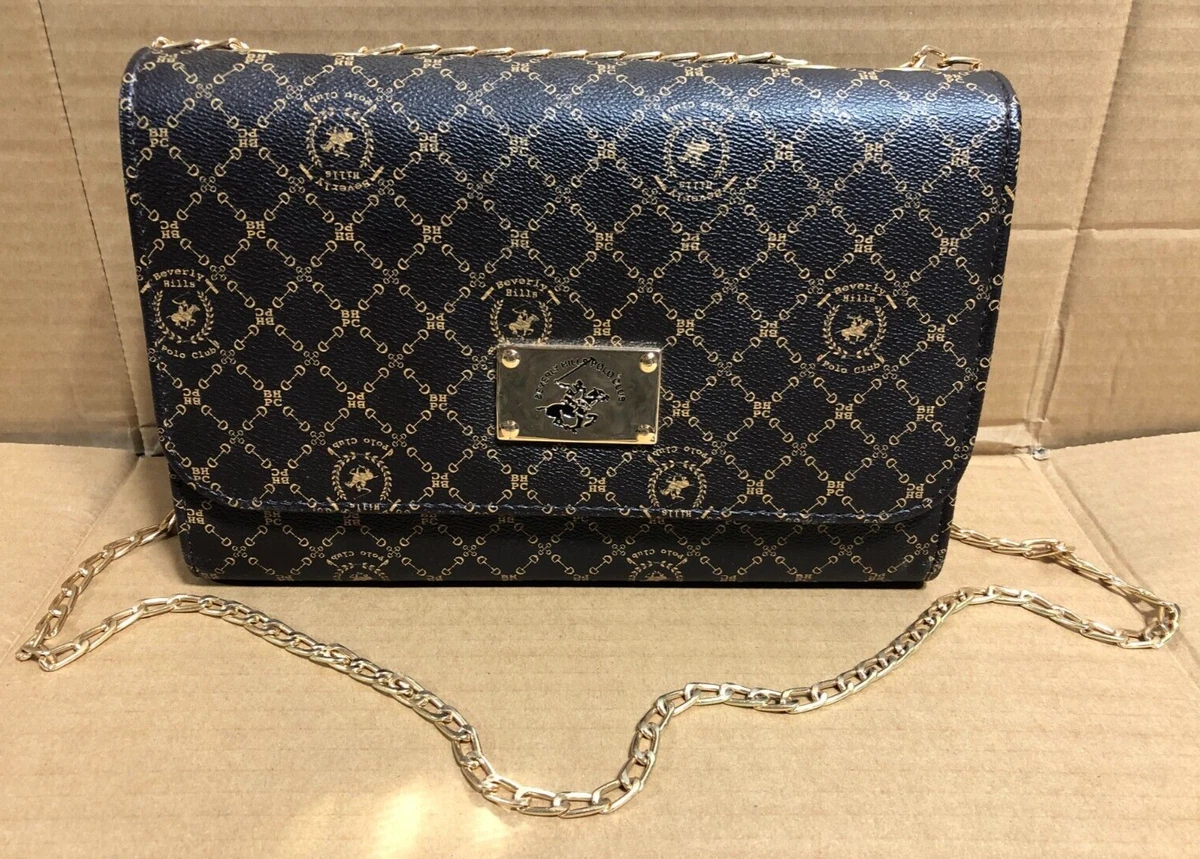 Beverly Hills Polo Club Chain Crossbody Womens Brown Purse Logo Print