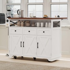 46.5'' Farmhouse Kitchen Island Rolling Kitchen Cart w/Drape of Beads,3 Drawers