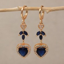 New 18K Yellow Gold Filled Dark Blue Heart  Leaf CZ Mini Hoop Dangle Earrings