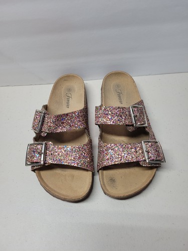 Forever Women's Double Buckle Sandals Cork Glitter Sparkle Slides Size 8 |  eBay
