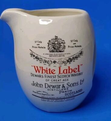 VINTAGE WHITE LABEL DEWARS FINEST SCOTCH WHISKY BAR PITCHER 6'' TALL