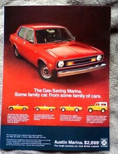 Berline Austin Marina 1974 - publicité imprimée économie d'essence