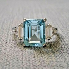 3ct Emerald Cut Aquamarine Diamond Solitaire Engagement Ring 14k White Gold Over