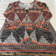 W.F. Geometric Boho Tribal Multicolor Long L Sleeve Crew Neck Tunic Shirt Top